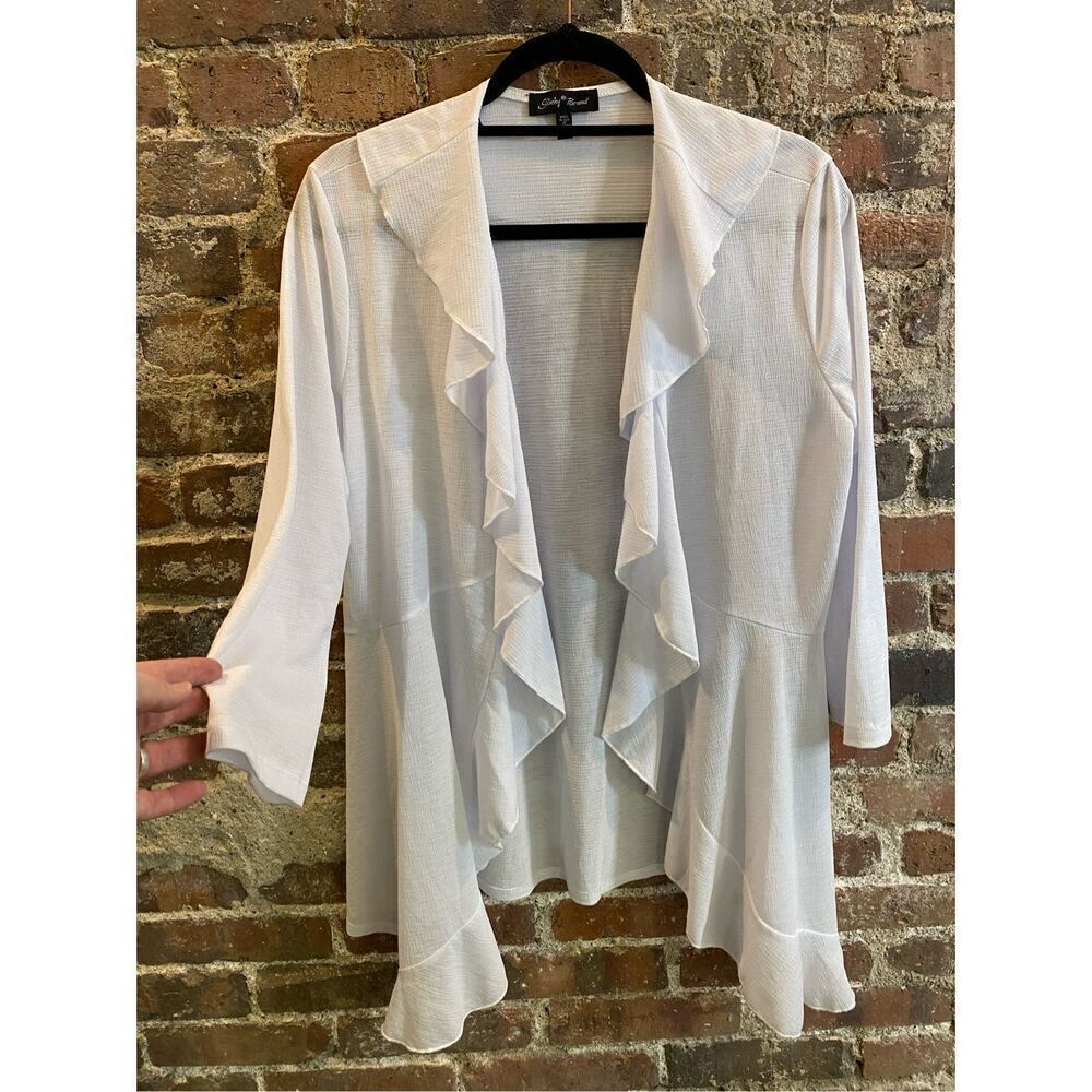 Slinky Brand White Ruffle Lightweight Shawl Cardigan Women’s Size M